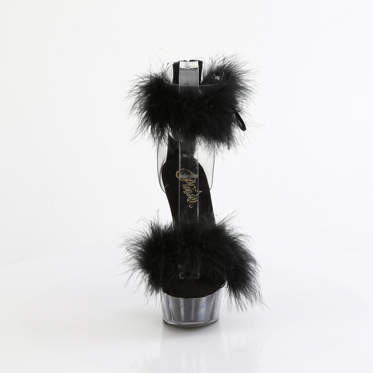 6" Heel, 1 3/4" PF Marabou Fur Ankle Cuff Sandal, Back Zip (Pleaser DEL624F/C-BFUR/M)