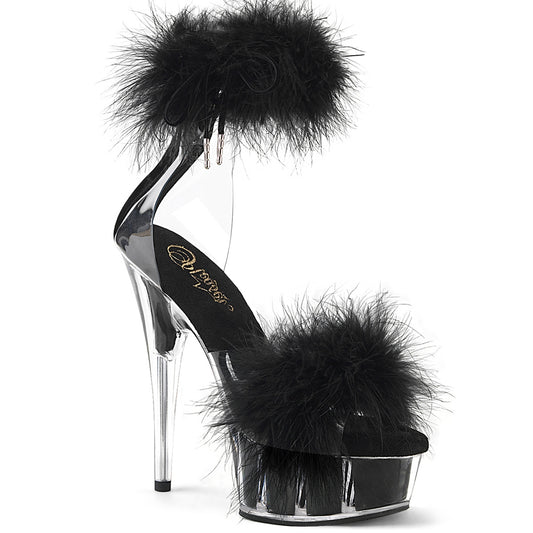 6" Heel, 1 3/4" PF Marabou Fur Ankle Cuff Sandal, Back Zip (Pleaser DEL624F/C-BFUR/M)