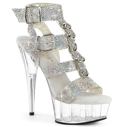 6" Heel, 1 3/4" PF Rhinestoned Dual Buckle T-Strap Sandal (Pleaser DEL656RS/SRS-TPU/C)