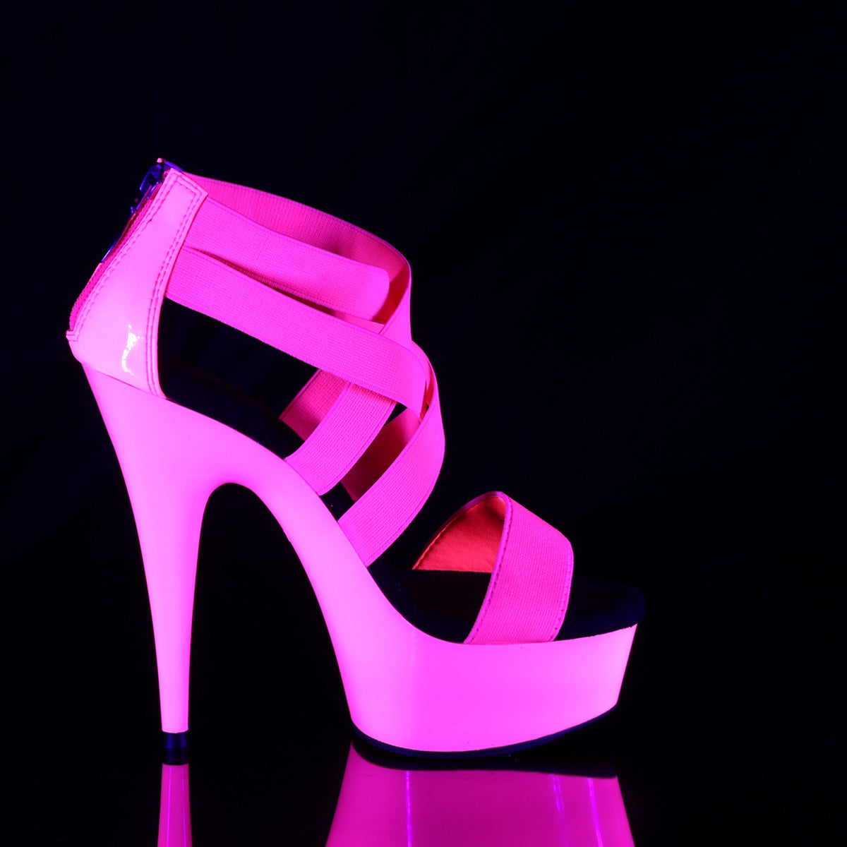 6" Heel, 1 3/4" PF UV Reactive Criss Cross Sandal, Back Zip (Pleaser DEL669UV/NHPELS-PT/M)