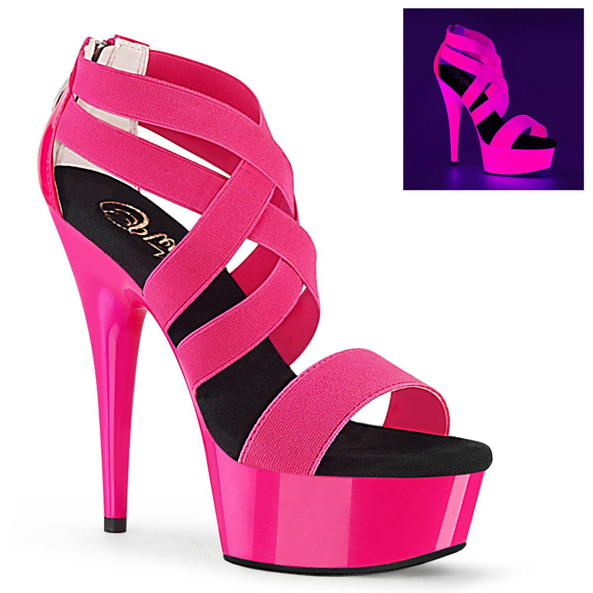 6" Heel, 1 3/4" PF UV Reactive Criss Cross Sandal, Back Zip (Pleaser DEL669UV/NHPELS-PT/M)