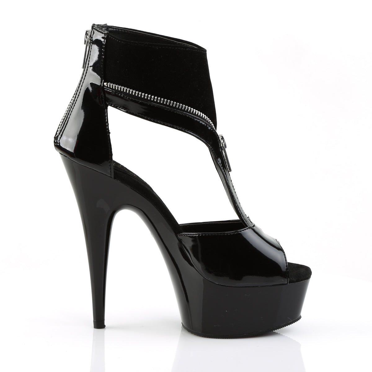 *6" Heel, 1 3/4" PF Peep Toe T-Strap Sandal Bootie, Back Zip (Pleaser DEL690/B-NB/M)