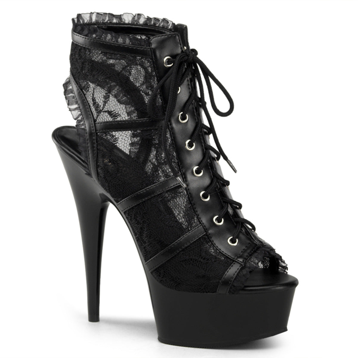 6" Heel, 1 3/4" PF Lace Up Open Toe Open Back Bootie (Pleaser DEL696LC/BM/M)
