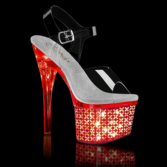 7" Heel, 3" PF LED Illuminated Ankle Strap Sandal (Pleaser DISCOLT708FLP/C/SCH)