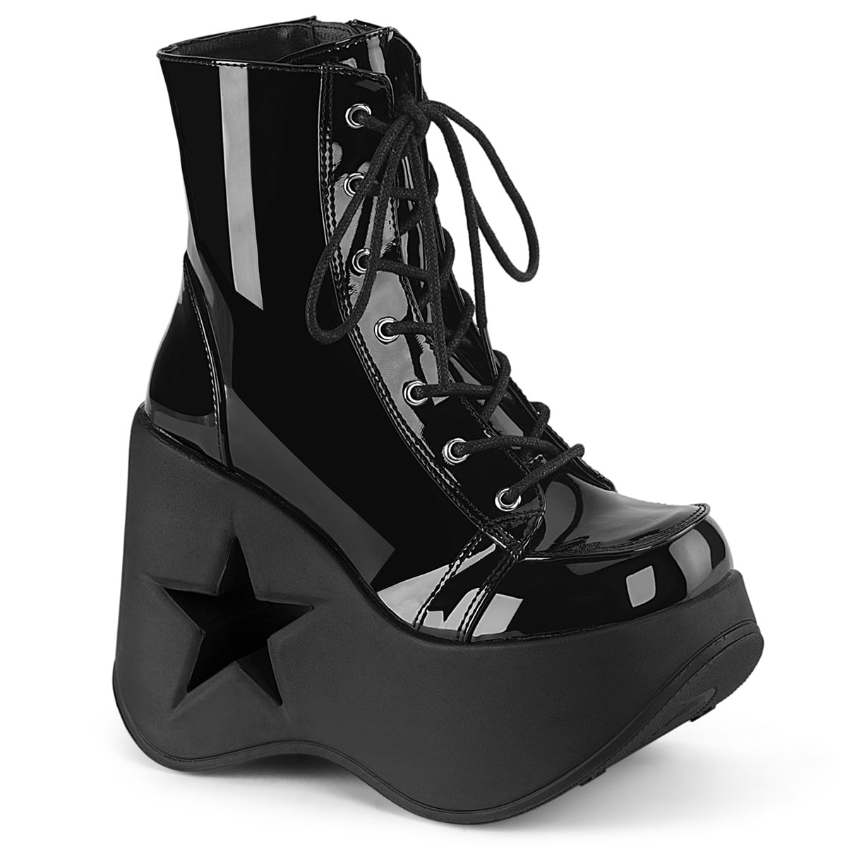 **5" Star Cutout PF Wedge Lace-Up Ankle Boot, Inside Zip (Demonia DYN106/B)