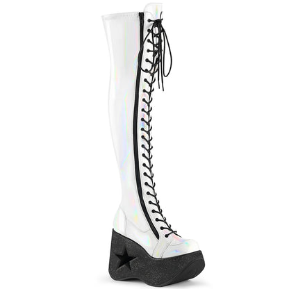 **5"Star Cutout PF Wedge LaceUp Thigh-High Boot,Outside Zip (Demonia DYN300/BPHG)