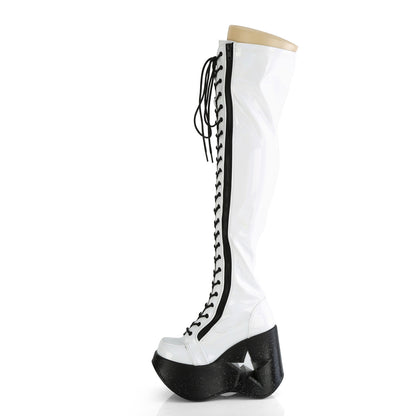 **5"Star Cutout PF Wedge LaceUp Thigh-High Boot,Outside Zip (Demonia DYN300/BPHG)