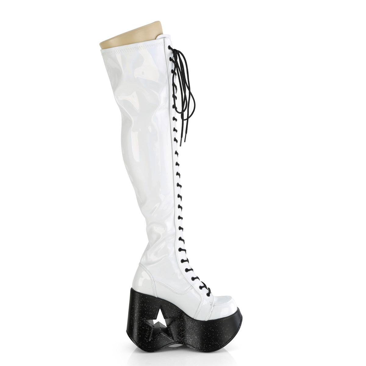 **5"Star Cutout PF Wedge LaceUp Thigh-High Boot,Outside Zip (Demonia DYN300/BPHG)