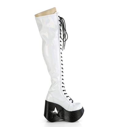 **5"Star Cutout PF Wedge LaceUp Thigh-High Boot,Outside Zip (Demonia DYN300/BPHG)