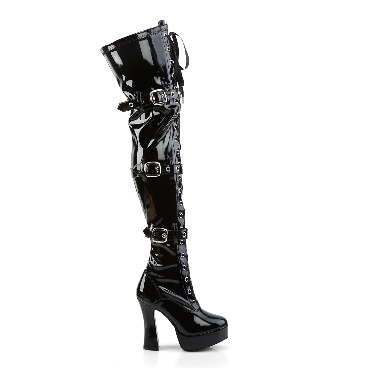 5" Stack Heel, 1 1/2" PF Front Lace-Up Thigh Boot (Pleaser ELE3028/B)