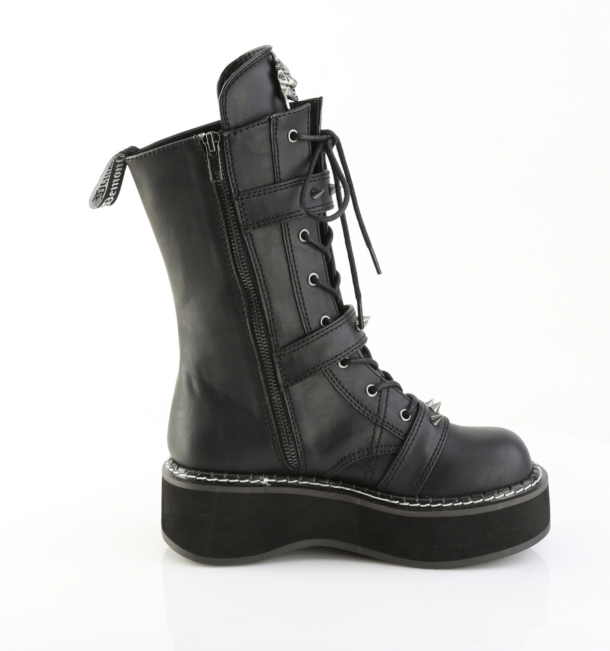 2" PF Lace_up Mid-Calf Boot w/ 4 Buckle Straps, Side Zip (Demonia EMI82/BVL)