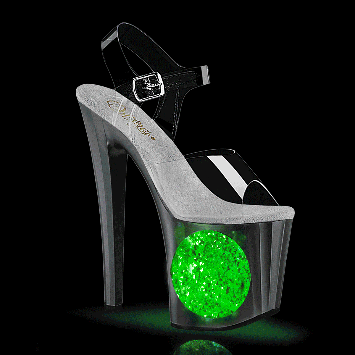 *8" Heel, 3 3/4" PF LED Illuminated Ankle Strap Sandal (Pleaser ENC708LT-C/C/B-SG)