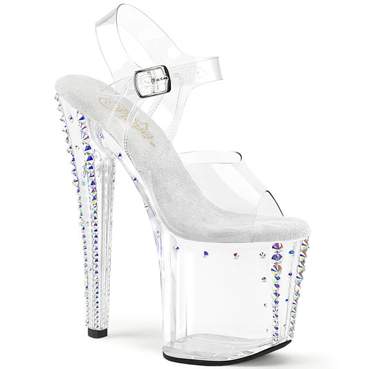 8" Heel, 3 3/4" PF Rhinestone Studded Ankle Strap Sandal (Pleaser ENC708RS-02/C/C-ABRS)