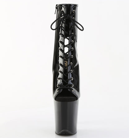 8" Heel, 4" PF Open Toe/Heel Lace-Up Ankle Boot, Side Zip (Pleaser FLAM1016/B/M)