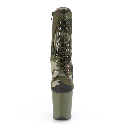 *8" Heel, 4" PF Lace-Up Ankle Boot, Side Zip (Pleaser FLAM1020CAMO/GRN/DOL)