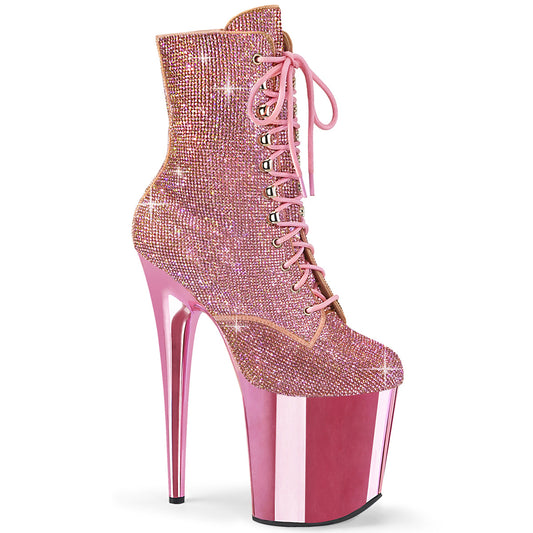*8" Heel , 4" PF Lace-Up RS Embellished Ankle Boot, Side Zip (Pleaser FLAM1020CHRS/BP/BPCH)