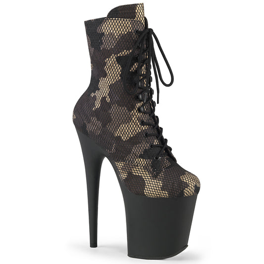 *8" Heel, 4" PF Lace-Up Front Ankle Boot, Side Zip (Pleaser FLAM1020CM/GRNMS/B)