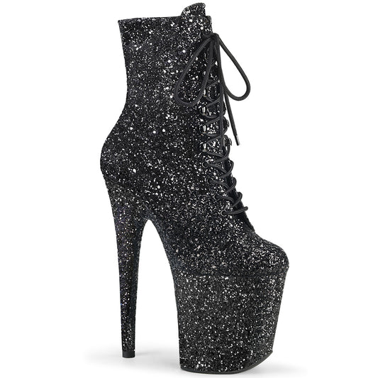 8" Heel, 4" PF Lace-Up Glitter Ankle Boot, Side Zip (Pleaser FLAM1020GWR/BG/M)
