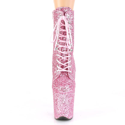8" Heel, 4" PF Lace-Up Glitter Ankle Boot, Side Zip (Pleaser FLAM1020GWR/BG/M)