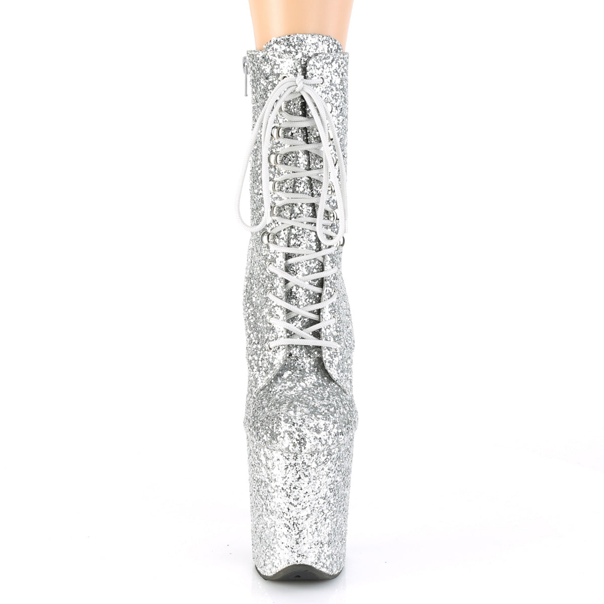 8" Heel, 4" PF Lace-Up Glitter Ankle Boot, Side Zip (Pleaser FLAM1020GWR/BG/M)