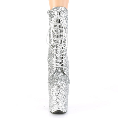 8" Heel, 4" PF Lace-Up Glitter Ankle Boot, Side Zip (Pleaser FLAM1020GWR/BG/M)