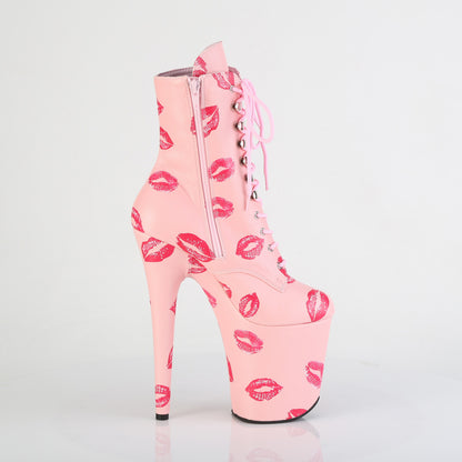 *8" Heel,  4" PF Lace-Up Lips Print Ankle Boot, Side Zip (Pleaser FLAM1020KISS/BPPU/M)