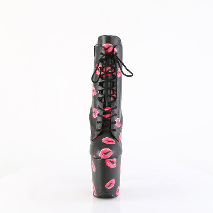 *8" Heel,  4" PF Lace-Up Lips Print Ankle Boot, Side Zip (Pleaser FLAM1020KISS/BPPU/M)
