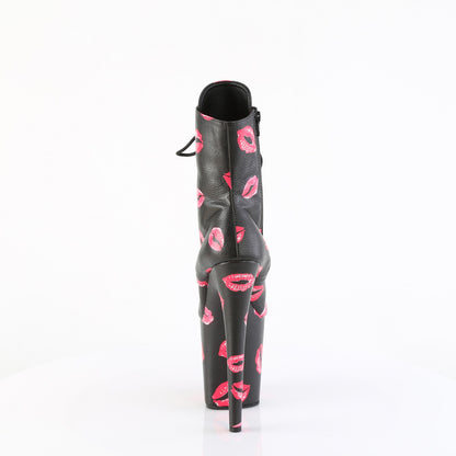 *8" Heel,  4" PF Lace-Up Lips Print Ankle Boot, Side Zip (Pleaser FLAM1020KISS/BPPU/M)