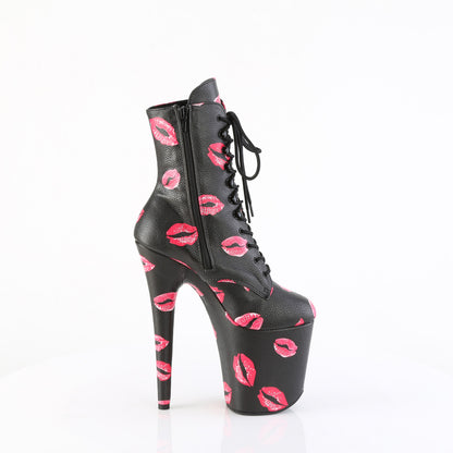 *8" Heel,  4" PF Lace-Up Lips Print Ankle Boot, Side Zip (Pleaser FLAM1020KISS/BPPU/M)