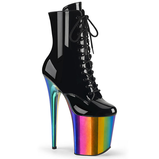 *8" Heel, 4" Chromed PF Lace-Up Ankle Boot, Side Zip (Pleaser FLAM1020RC/B/RBOWCH)