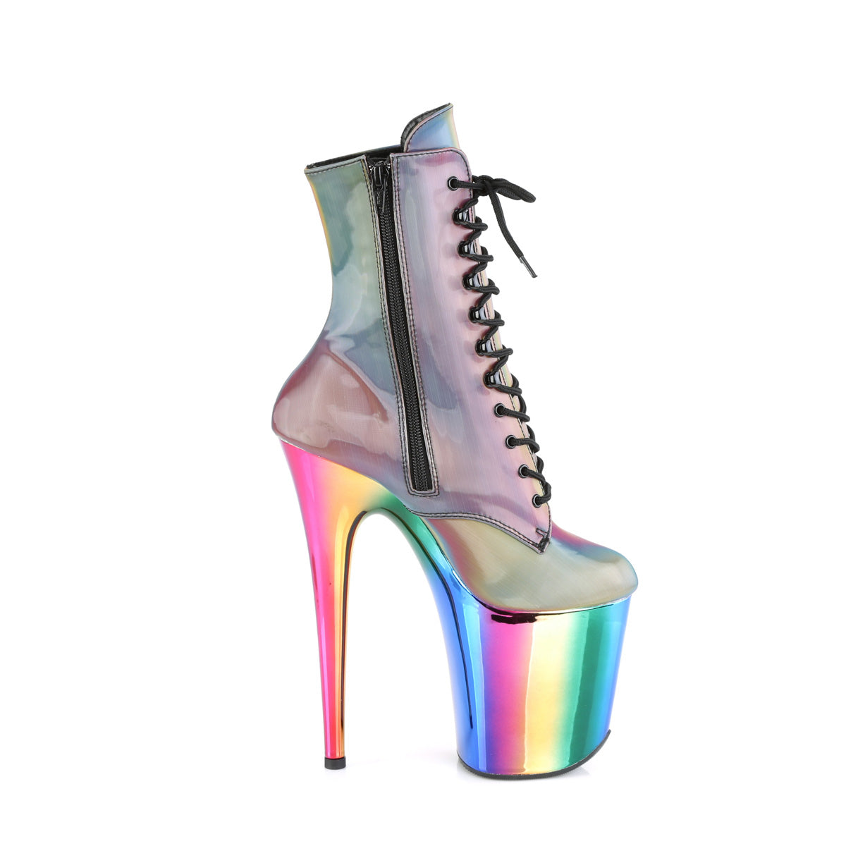 *8" Heel, 4" Chromed PF Lace-Up Ankle Boot, Side Zip (Pleaser FLAM1020RC/B/RBOWCH)