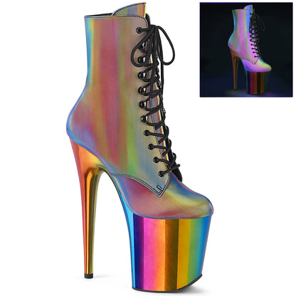 *8" Heel, 4" Chromed PF Lace-Up Ankle Boot, Side Zip (Pleaser FLAM1020RC/B/RBOWCH)