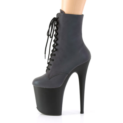 *8" Heel, 4" PF Lace-Up Front Ankle Boot, Side Zip (Pleaser FLAM1020REFL/GRNMC/B)