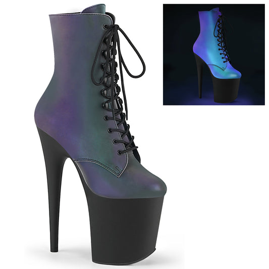 *8" Heel, 4" PF Lace-Up Front Ankle Boot, Side Zip (Pleaser FLAM1020REFL/GRNMC/B)