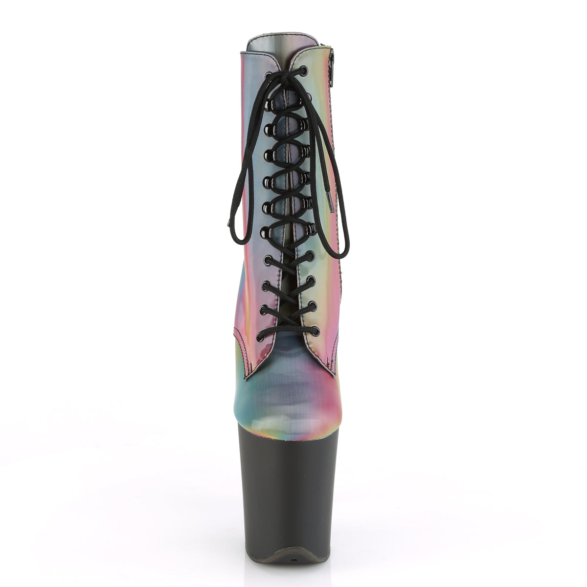*8" Heel, 4" PF Lace-Up Front Ankle Boot, Side Zip (Pleaser FLAM1020REFL/GRNMC/B)
