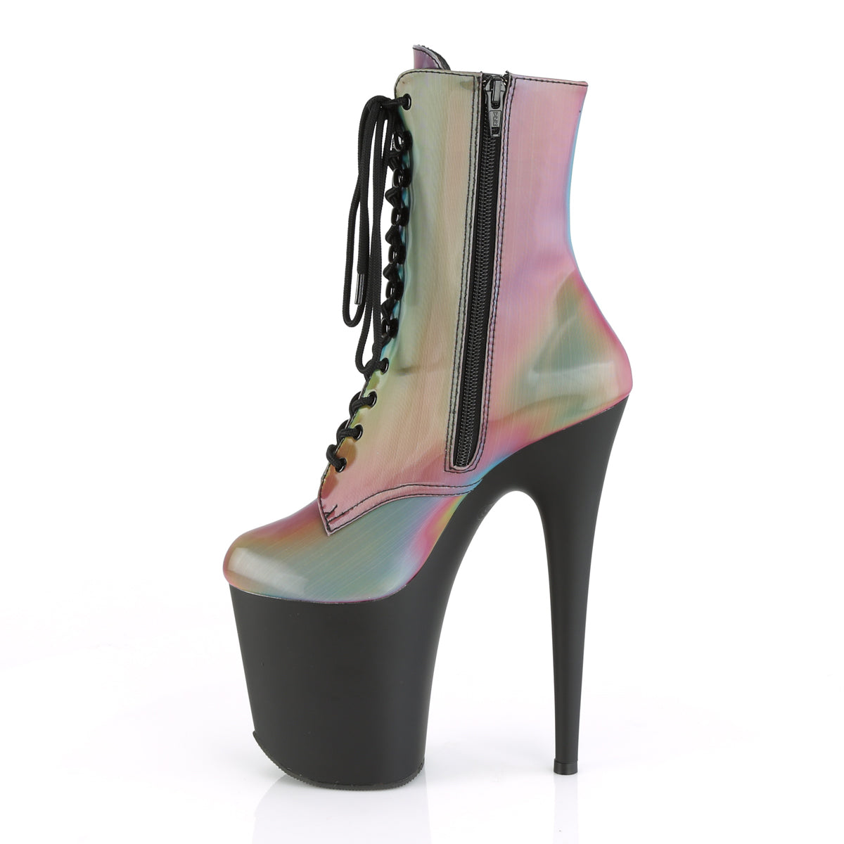 *8" Heel, 4" PF Lace-Up Front Ankle Boot, Side Zip (Pleaser FLAM1020REFL/GRNMC/B)