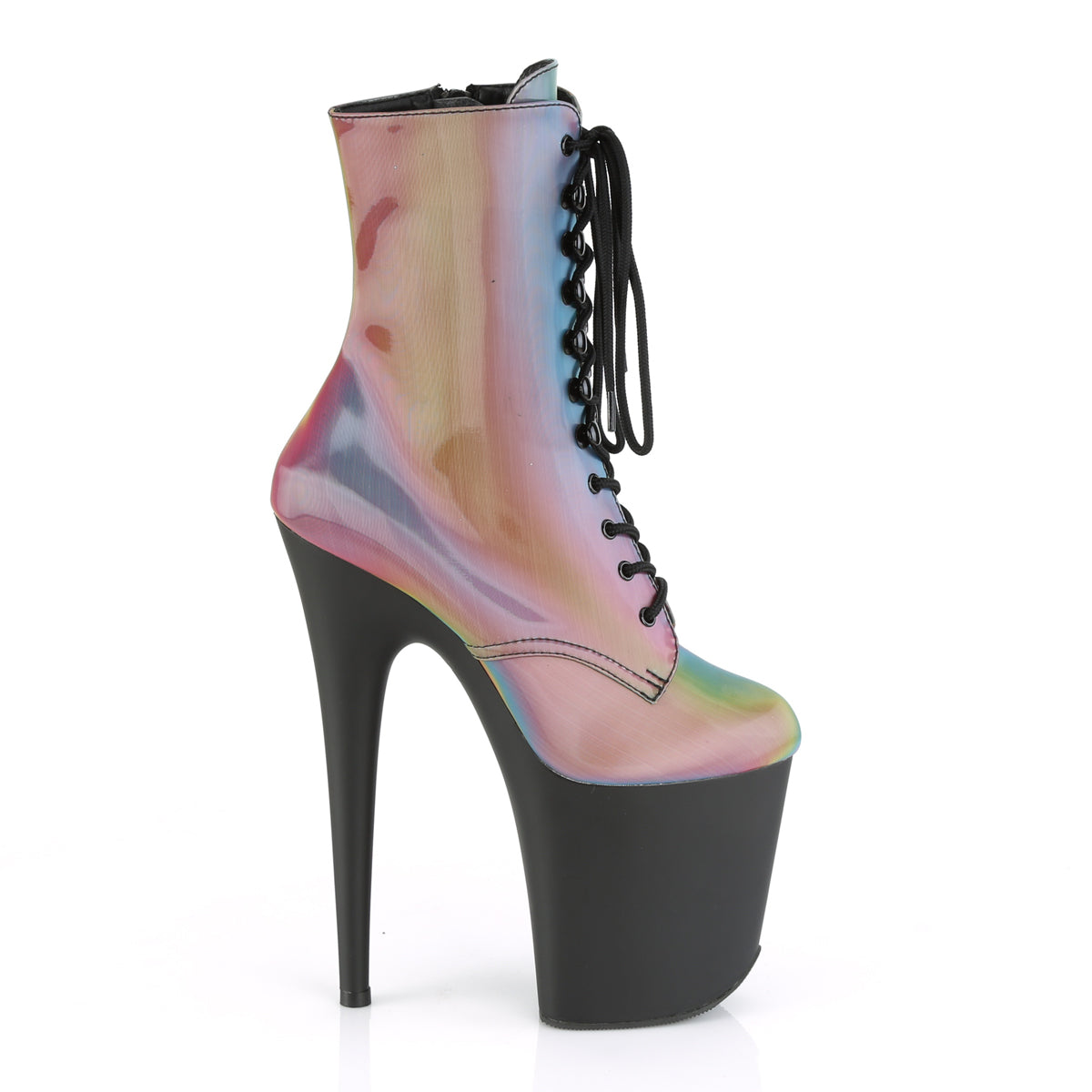 *8" Heel, 4" PF Lace-Up Front Ankle Boot, Side Zip (Pleaser FLAM1020REFL/GRNMC/B)