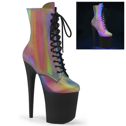*8" Heel, 4" PF Lace-Up Front Ankle Boot, Side Zip (Pleaser FLAM1020REFL/GRNMC/B)