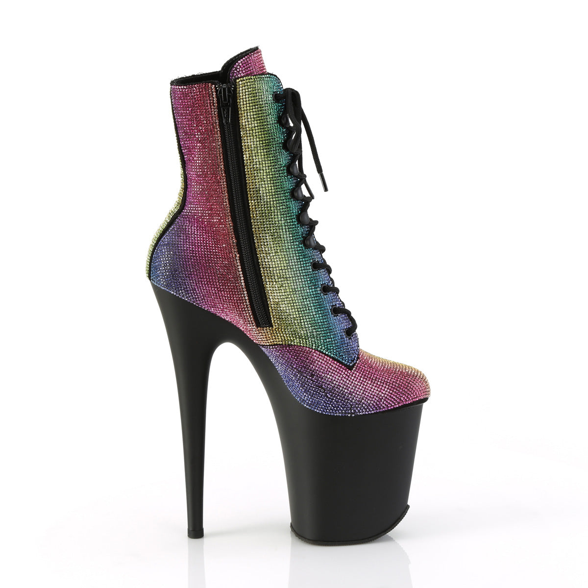 *8" Heel, 4" PF Lace-Up RS Embellished Ankle Boot, Side Zip (Pleaser FLAM1020RS/BRS/M)