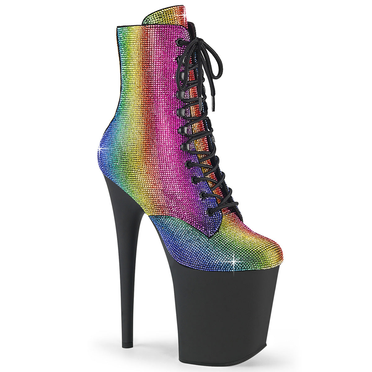 *8" Heel, 4" PF Lace-Up RS Embellished Ankle Boot, Side Zip (Pleaser FLAM1020RS/BRS/M)
