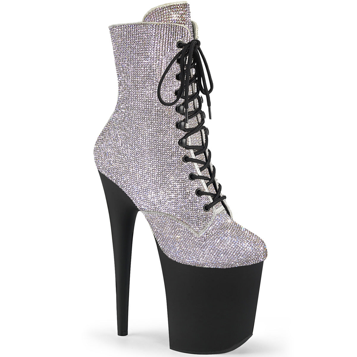 *8" Heel, 4" PF Lace-Up RS Embellished Ankle Boot, Side Zip (Pleaser FLAM1020RS/BRS/M)