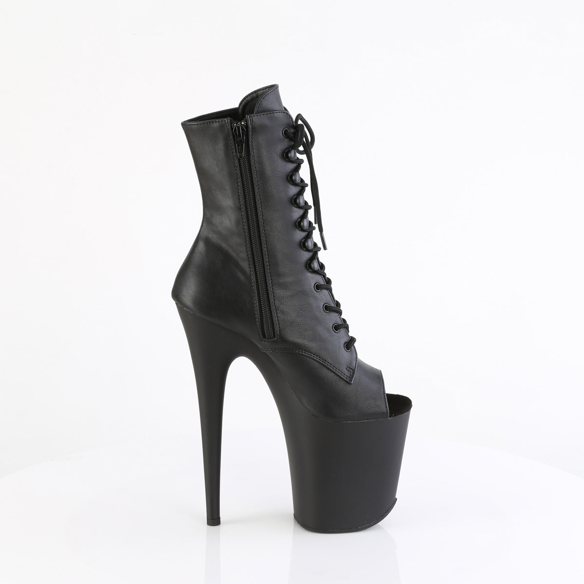 8" Heel, 4" PF Peep Toe Lace-Up Ankle Boot, Side Zip (Pleaser FLAM1021/B/C)