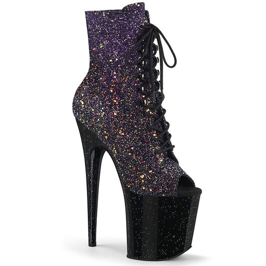 *8" Heel, 4" PF Peep Toe Lace-Up Ankle Boot, Side Zip (Pleaser FLAM1021OMBG/PPG/B)