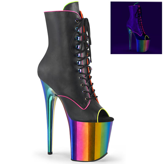 *8" Heel, 4" Chromed PF Peep Toe Laceup Ankle Boot, Side Zip (Pleaser FLAM1021RC-02/BPU/CH)