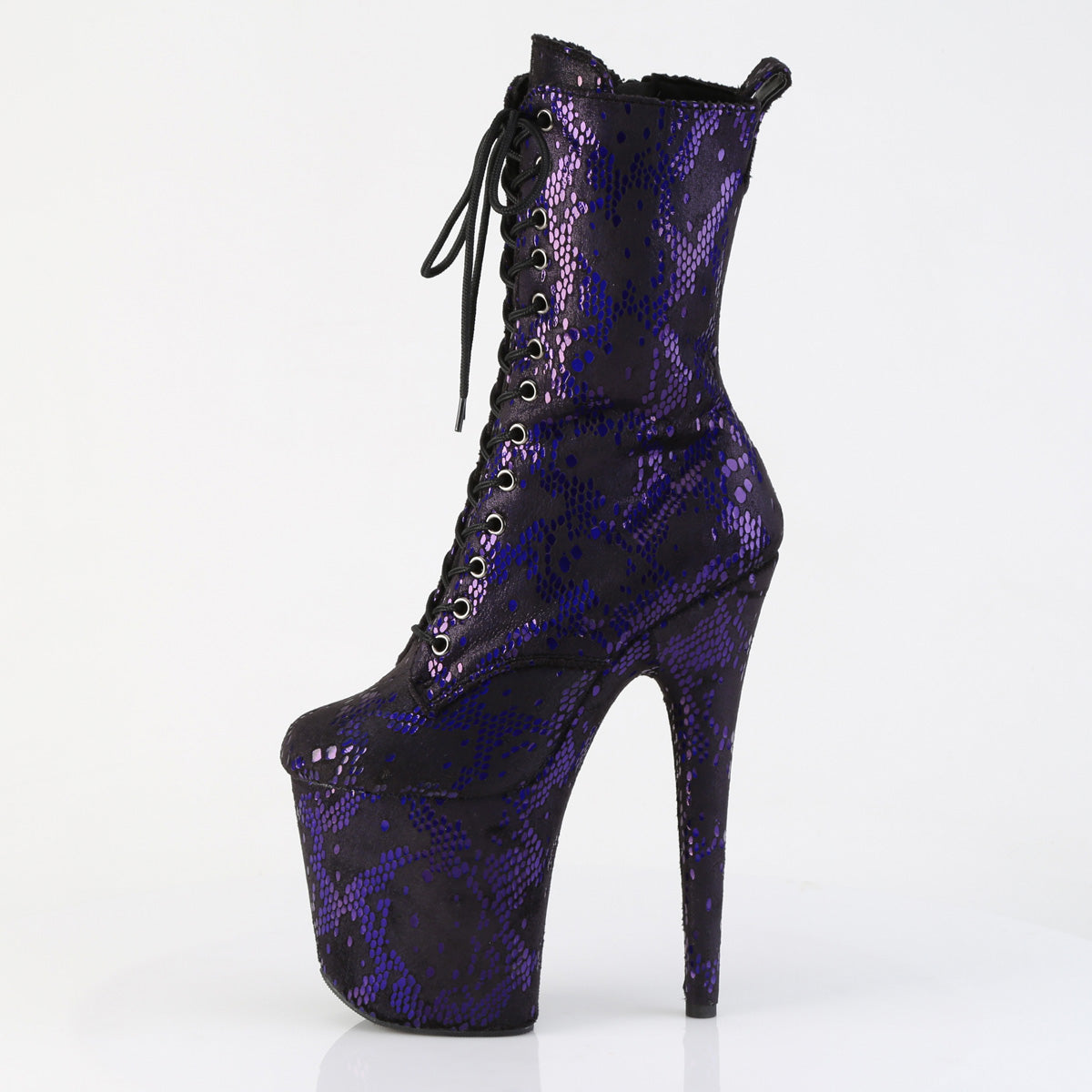 *8" Heel, 4" PF Lace-Up Front Ankle Boot, Side Zip (Pleaser FLAM1040SPF/BLMFA/M)