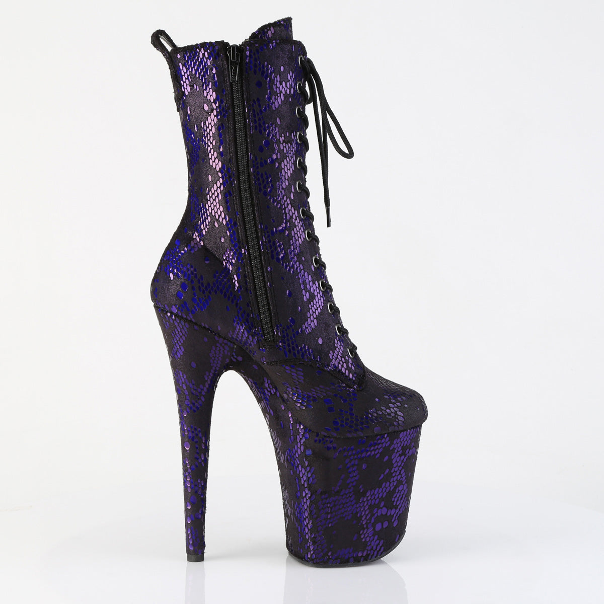 *8" Heel, 4" PF Lace-Up Front Ankle Boot, Side Zip (Pleaser FLAM1040SPF/BLMFA/M)