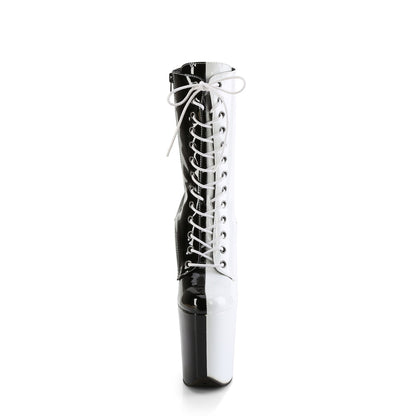 8" Heel, 4" PF Two Tone Lace-Up Ankle Boot, Side Zip (Pleaser FLAM1040TT/B-W/M)