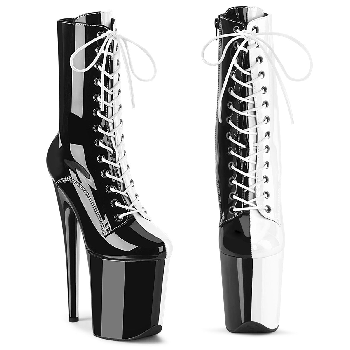 8" Heel, 4" PF Two Tone Lace-Up Ankle Boot, Side Zip (Pleaser FLAM1040TT/B-W/M)