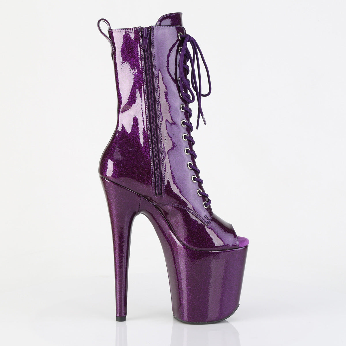 **8" Heel, 4" PF Peep Toe Lace-Up Ankle Boot, Side Zip (Pleaser FLAM1041GP/BG/M)