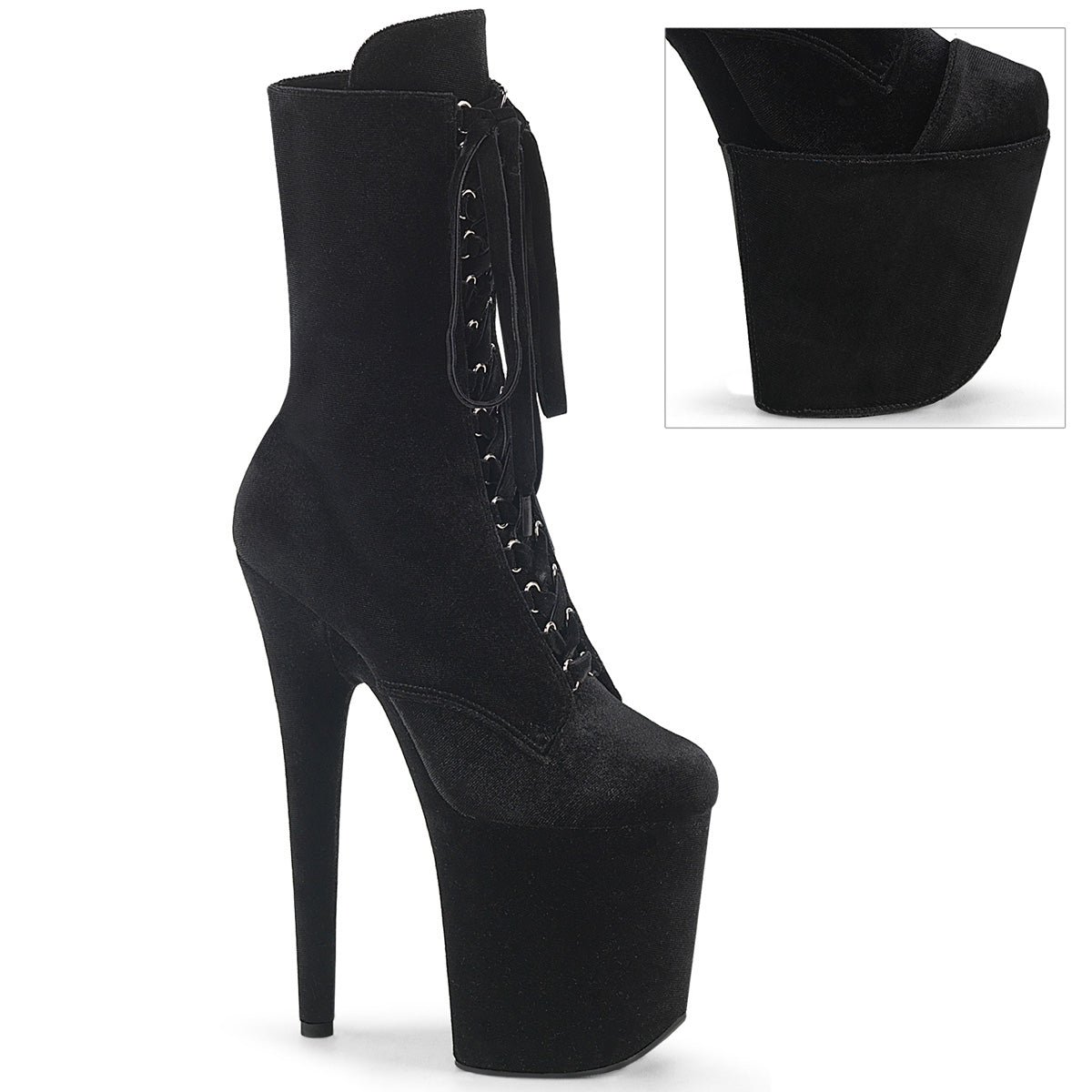 8" Heel, 4" PF Velvet Lace-Up Front Ankle Boot (Pleaser FLAM1045VEL/B/M)
